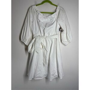NWT NewYork & Co Bohemian Romantic White Dress Elastic Shoulder Belted  Sz L